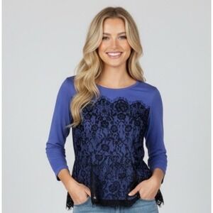 ELLE Women's Blue Peplum Long‎ Sleeve Top Small Unconventional Lace Fairy Grunge